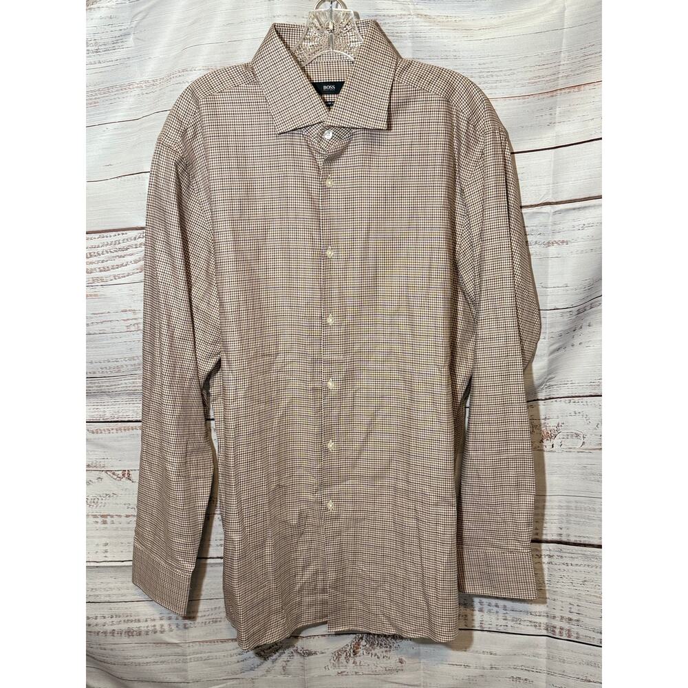 Hugo Boss Sharp Fit Dress Shirt Men’s 17 34/35 Brown Houndstooth Button Down